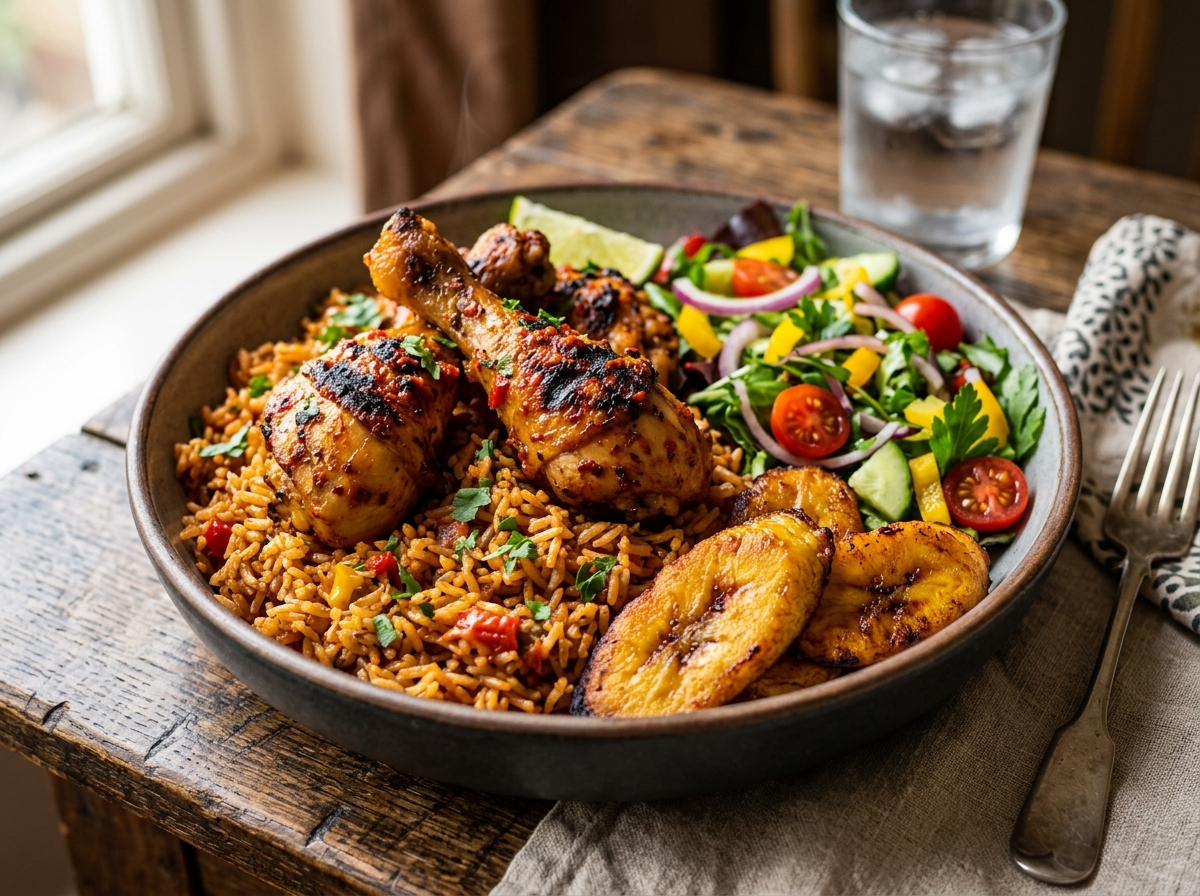 Smoky Party Jollof Rice with Fried Plantain and Chicken